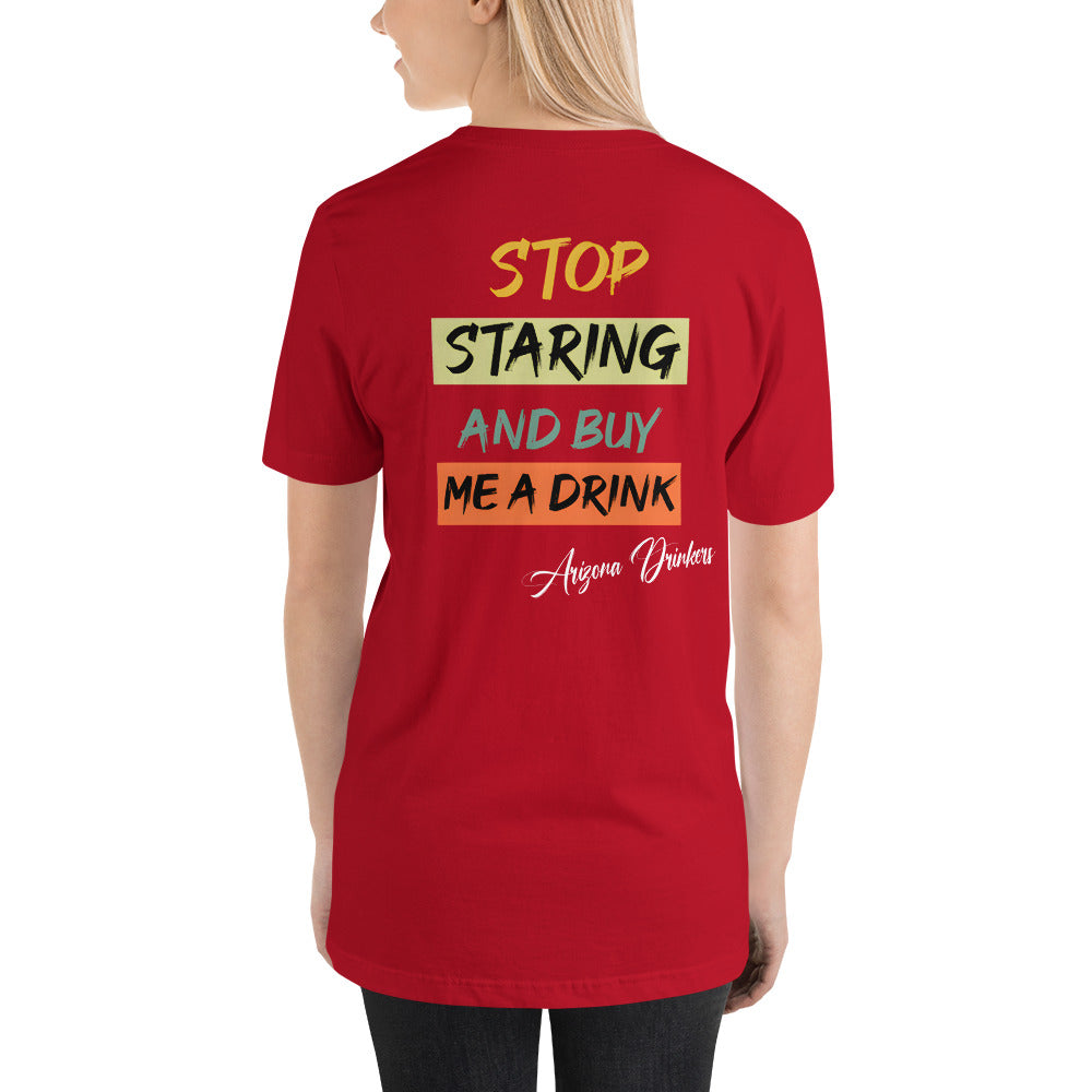 Short-sleeve unisex t-shirt with Arizona Drinkers logo on Front and Drinkers Text on Back