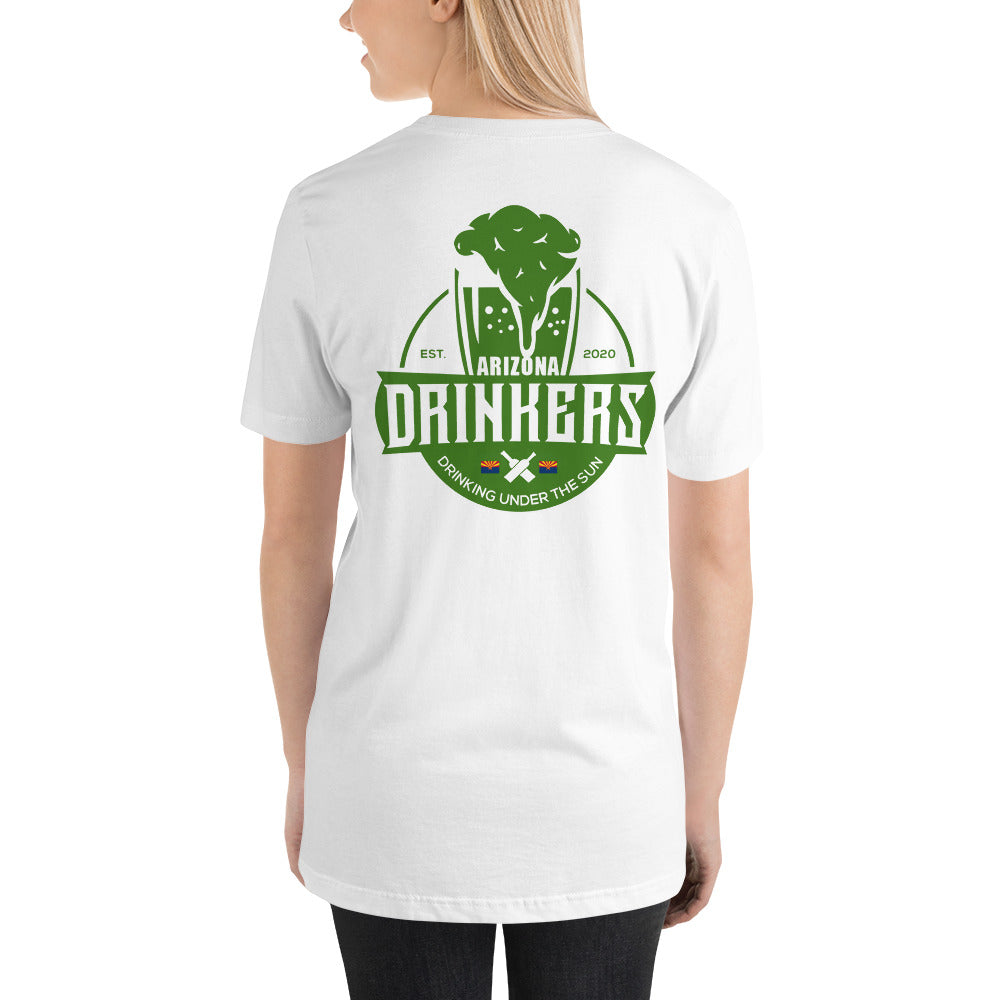 Short-Sleeve Unisex T-Shirt with Green Arizona Drinkers logo on Back