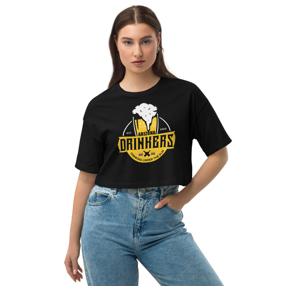 Loose drop shoulder crop top with Arizona Drinkers Logo on Front in Yellow