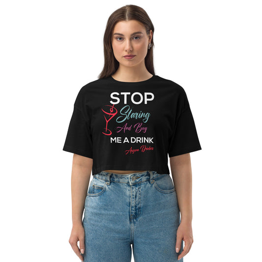Loose drop shoulder crop top with Drinkers Text on Front