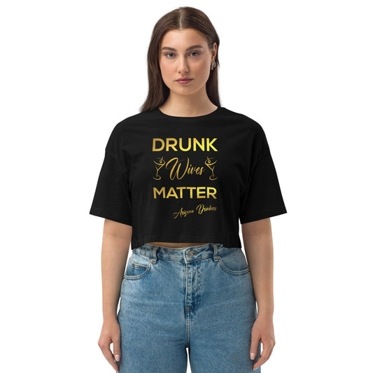 Loose drop shoulder crop top with Drinkers Text on Front
