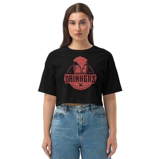 Loose drop shoulder crop top with Arizona Drinkers Logo on Front in Red