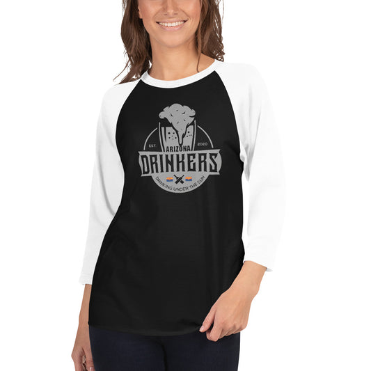 3/4 sleeve raglan shirt with Arizona Drinkers Logo on Front in Grey