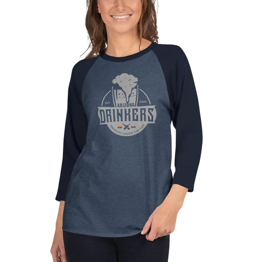 3/4 sleeve raglan shirt with Arizona Drinkers Logo on Front in Grey