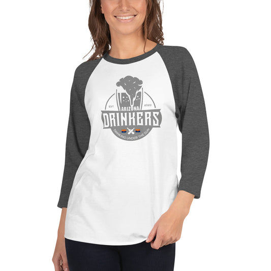 3/4 sleeve raglan shirt with Arizona Drinkers Logo on Front in Grey