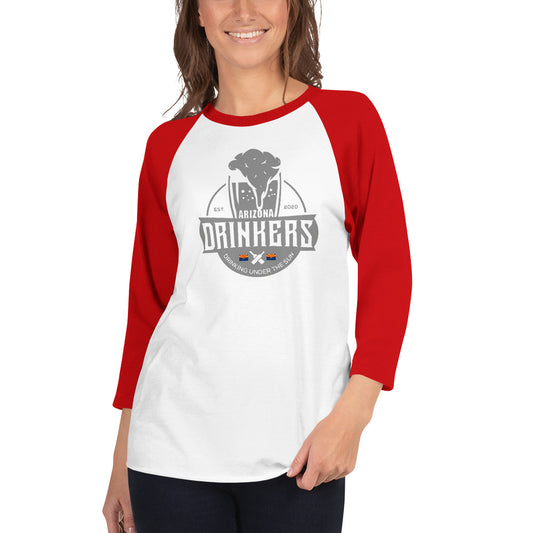 3/4 sleeve raglan shirt with Arizona Drinkers Logo on Front in Grey