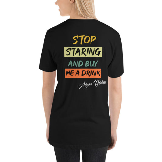 Short-sleeve unisex t-shirt with Arizona Drinkers logo on Front and Drinkers Text on Back
