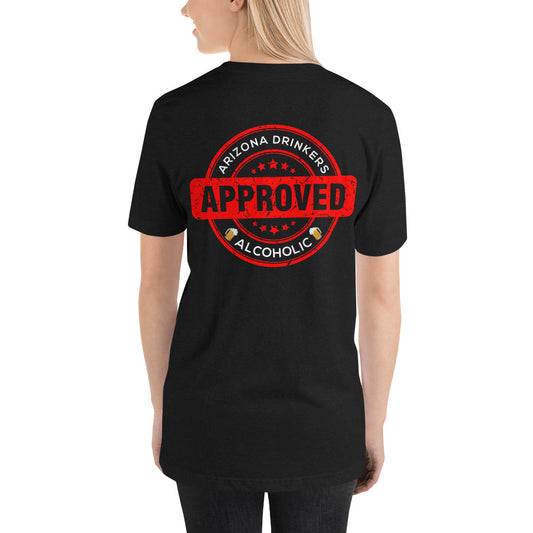 Short-sleeve unisex t-shirt with Arizona Drinkers logo on Front and Drinkers Text on Back